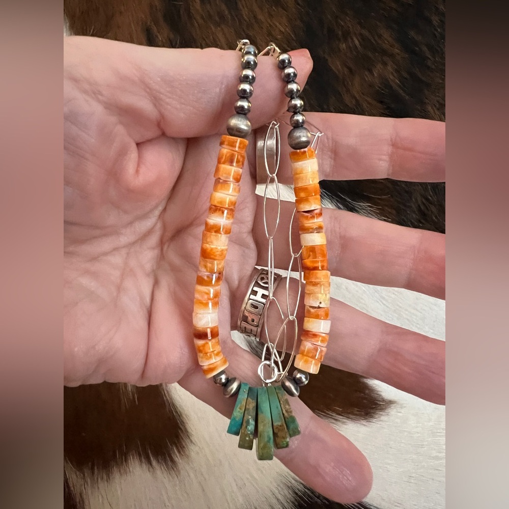 ❤️ Spiny Oyster Heishi Beads & 925 Desert Pearl Navajo Style Jacla Necklace 18” - Picture 3 of 14